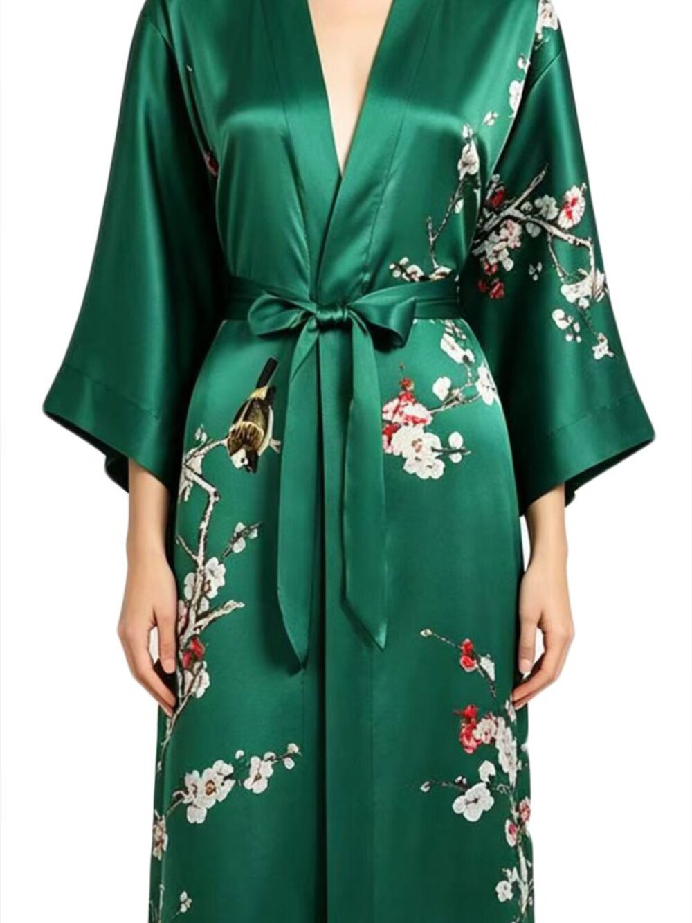 Grace Silk 100% Silk Kimono, Plum Blossom, Green, Long Robe.